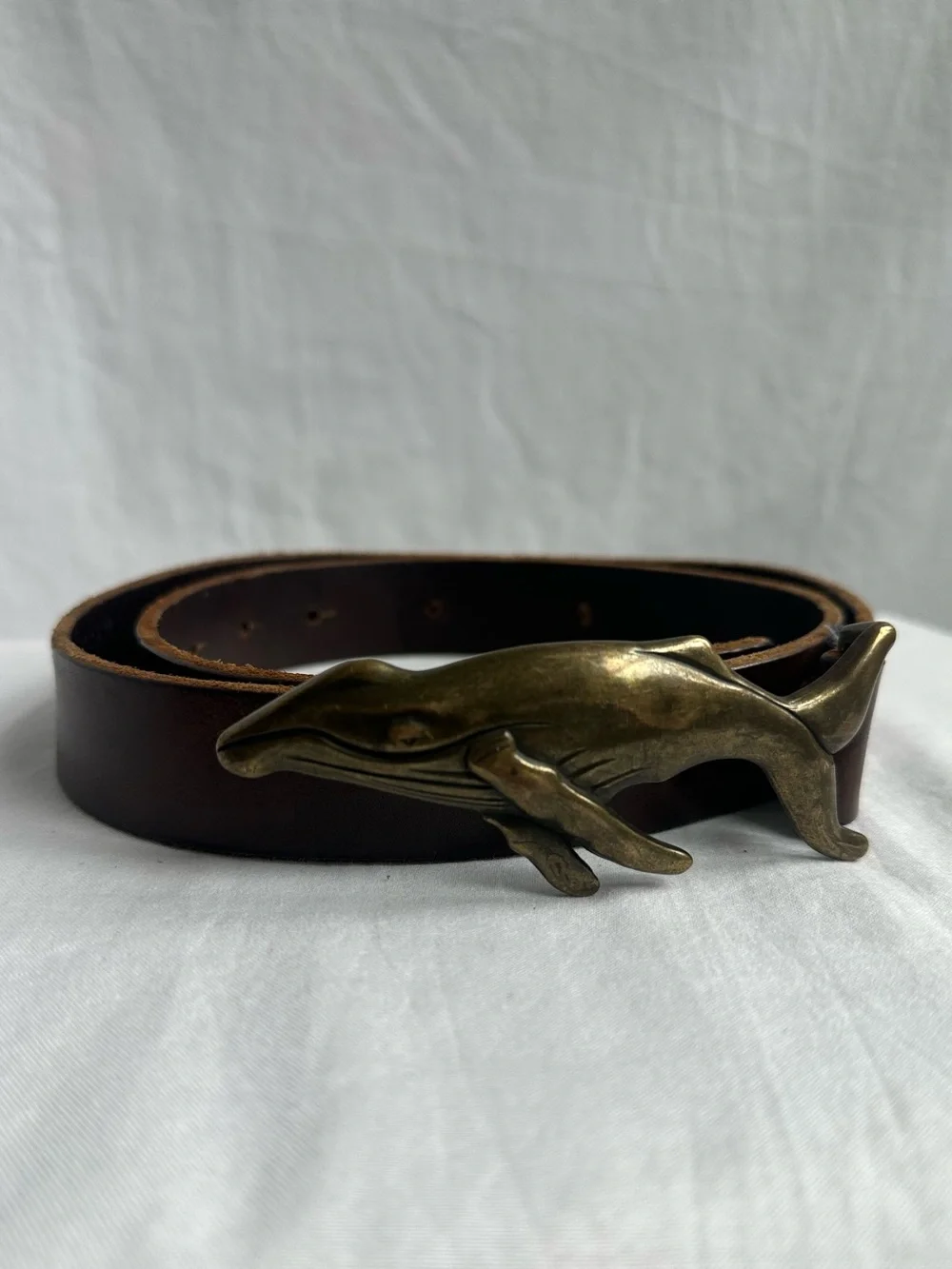 Vintage J.Crew Leather Belt with Brass Whale Buckle | Made in USA | Size S